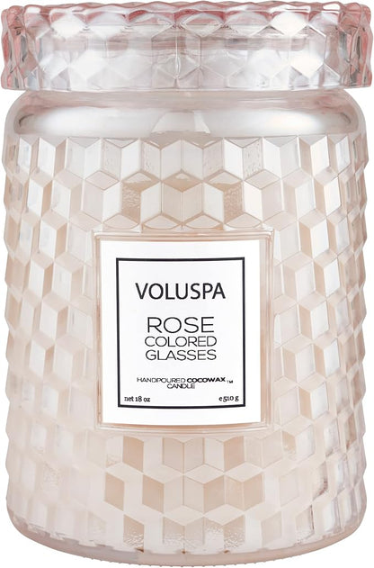 Voluspa Rose Colored Glasses, Large Candle Jar, 18 Ounce, 100 Hour Burn Time, Coconut Wax for Clean Burning, Handcrafted in The USA