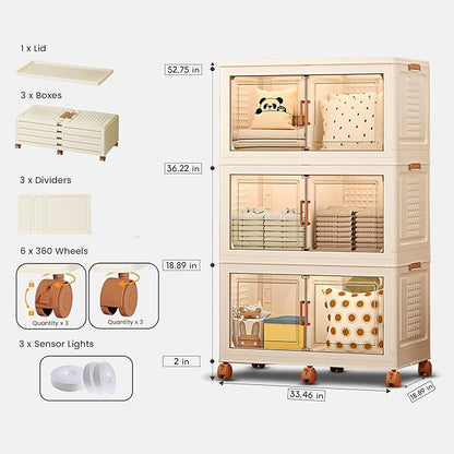 568QT/141Gal 3 Layer Stackable Storage Bins with Lid & Doors - Sensor Lights, Collapsible Storage Bin with 6 Wheels, Plastic Foldable Organizer for Home, Office Use