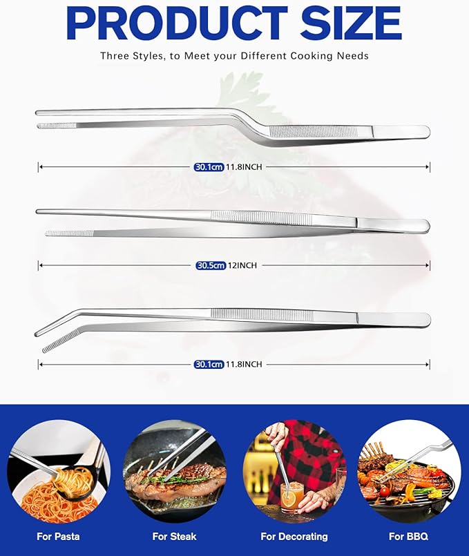 Fine Cooking Tweezers Set, Professional Stainless Steel Food Tongs, Kitchen Black Long Chef Tweezer for Cooking, Plating, Decorating and BBQ (SILVER, 12 inch)