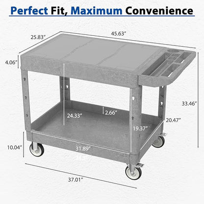 Large Garage Flat Top Utility Cart, Heavy Duty 2 Shelf Tool Cart Service Cart Rolling Push Carts with Ergonomic Handle 5" Swivel Casters.