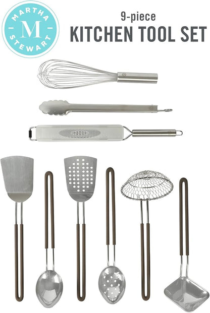 Martha Stewart 9-Piece Stainless Steel Kitchen Gadget & Tool Set – Prep and Serve Utensils, Durable & Rust-Resistant, Dishwasher Safe Cooking Accessories
