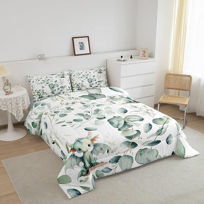 Erosebridal Boys Magic Animal Toddler Bedding Sets Cute Dragon Comforter Set, Cartoon Wildlife Bedding Comforter Sets Green Leaf Duvet Insert, Spring Plant Down Comforter Child Kids Bedroom Decor