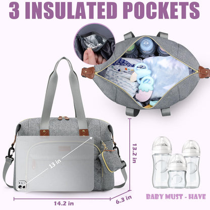Tuwubi Diaper Bag Tote,Baby Diaper Bag with Pacifier Case Large Travel Diaper Tote Caddy for Mom and Dad Multifunction Large Baby Bag - M-Light Grey