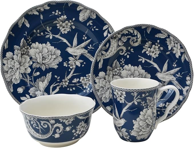 222 Fifth Adelaide 16-Piece Dark Blue Porcelain Dinnerware Set – Service for 4, Plate, Bowl & Mug Set, Bird & Floral Design, for Everyday Dining & Entertainment, Microwave & Dishwasher Safe