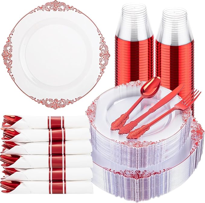 175 Pcs Clear Red Plates for Party | Red Party Plates Set for 25 Guests