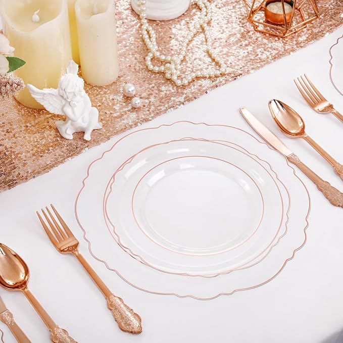 100pcs Rose Gold Plates Plastic Disposable