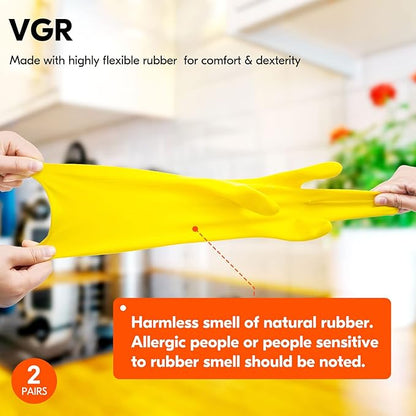Vgo... 2-Pairs Reusable Household Gloves, Rubber Dishwashing gloves, Extra Thickness, Long Sleeves, Kitchen Cleaning, Working, Painting, Gardening, Pet Care (Size XL, Yellow, HH4601)