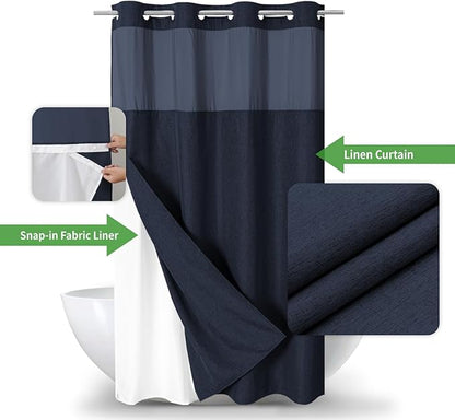 Stall No Hooks Needed Linen Textured Shower Curtain with Snap-in Fabric Liner Set,Hotel Luxury Decor Farmhouse Shower Curtains for Bathroom,Waterproof & Washable,54Wx80H,Navy Blue