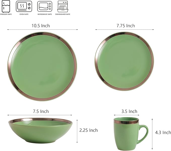 Bestone 16-Piece Round Kitchen Dinnerware Set, Dishes, Plates, Bowls, Mugs, Dish Set, Service for 4, Stoneware (round, green and gold rim)
