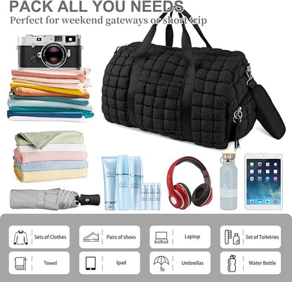 Quilted Travel Duffle Bag Gym Bag for Women,Large Puffer Duffle Weekender Bag with Compartment,Workout Overnight Carry on Organizer Bag Duffle Bag for Airplane Travel(L-Black)