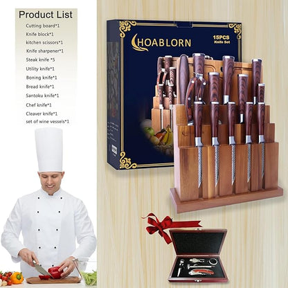 Damascus Knife Block Set 15PCS Kitchen Knife Set with Block Premium Chef Knife Stainless Steel,Japanese Kitchen Knife, with Exrtra Cutting Board Wine Corkscrew Set