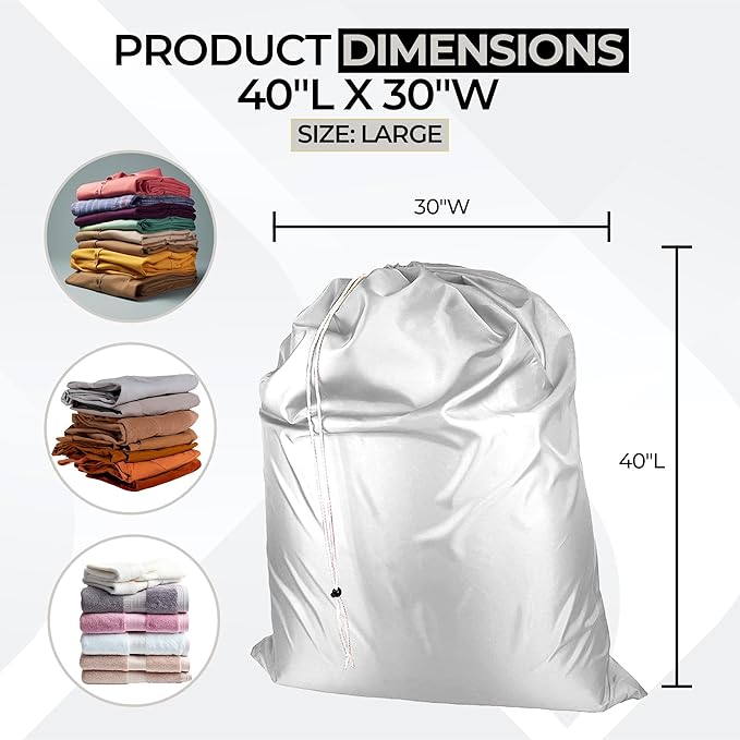 Laundry Bag with Locking Closure Drawstring – Extra Large Heavy Duty 100% Nylon, Large & Foldable Clothes Sack – Lightweight Dirty Laundry Organizer for Travel, Dorm, Gym – L 40" x H 50" (WHITE)