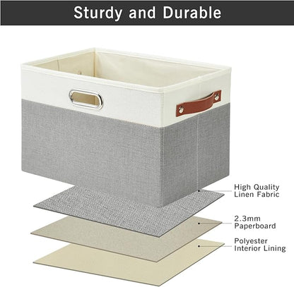 Large Collapsible Fabric Storage Bins with 3 Handles, Foldable Organizer Baskets for Closet, Shelves, Living Room | 3 Pack, Durable PU & Metal Handles (14.9"x9.8"x9.8", Gray & White)