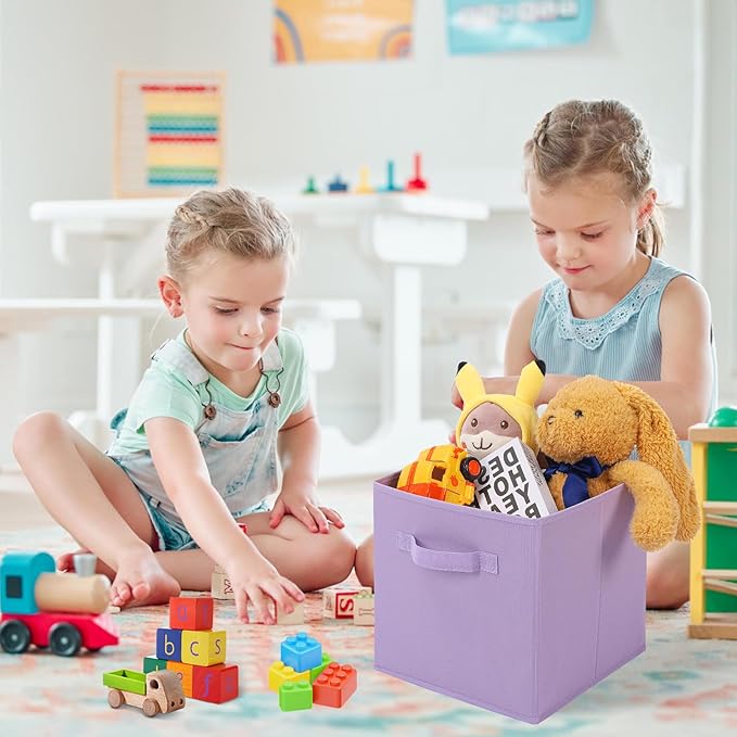 Stero 13x13x13 Inch Fabric Storage Bins 6 Pack Fun Colored Durable Storage Cubes with Handles Foldable Cube Baskets for Home, Kids Room, Closet and Toys Organization Purple