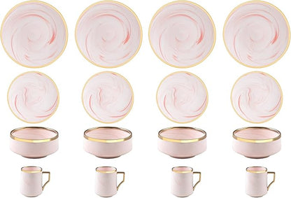 16 Piece Plates and Bowls Sets, Fine China Artisan Marbled Dinner Set for 4, Dishwasher Safe, Scratch Resistant, Pink with Gold Line