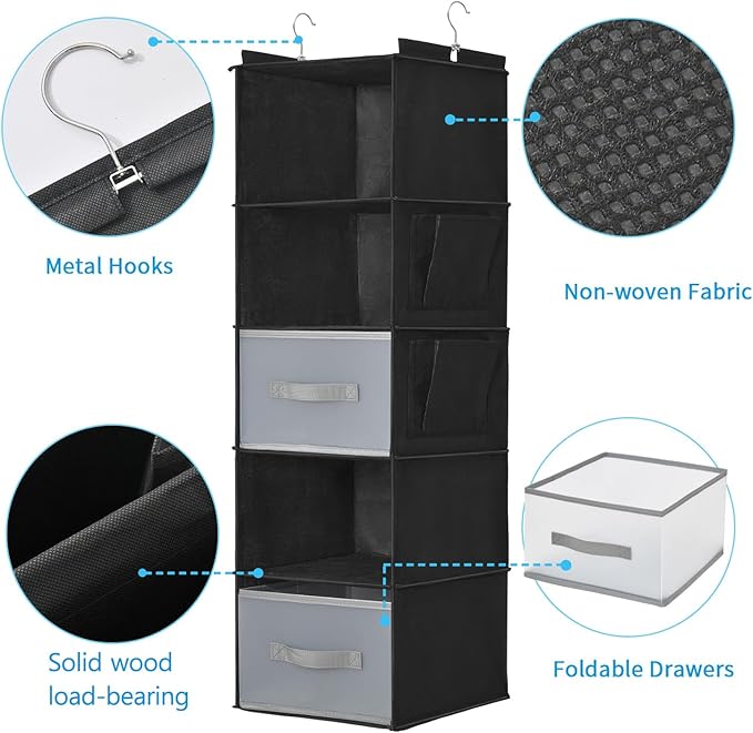 5-Layer Suspended Fabric Shelf Organizer, Equipped with 2 Sturdy Hooks, 2 Separate Drawers, and Foldable Hanging Storage (Black)