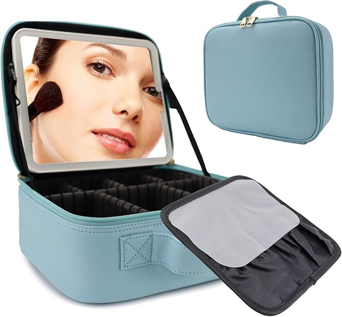 Travel Makeup Bag with LED Mirror Travel Makeup Organizer with 3 Lighted Settings, Adjustable Dividers and Makeup Brush Storage Bag Light Blue