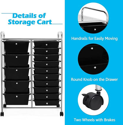 GOFLAME 15-Drawer Rolling Storage Cart, Multipurpose Movable Organizer, Utility Cart for Home, Office, School, Black