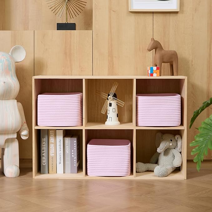 Small Organizing Baskets for Cubes Shelf, 9.7x9.7x7.1 Inch Rope Woven Storage Bins for Nursery Shelves Storage, Cute Toy Basket, Square 3 Packs Light Pink
