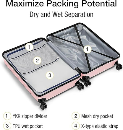 KYME Pink Luggage Sets 3 Piece (22in/26in/30in) Hardshell Suitcases with Spinner Wheels Hardside Suitcase Sets with TSA Lock Travel Rolling Luggage Set for Women Men