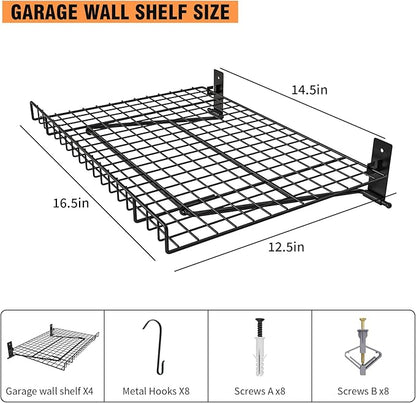 4 Pack Foldable Wall Shelf, Wall Mounted Garage Storage Shelves, Heavy Duty Wall Shelving Supports Up To 180 LBS. Floating Shelves With 8 Hooks Metal Storage Rack for Office, Kitchen and Laundry Room