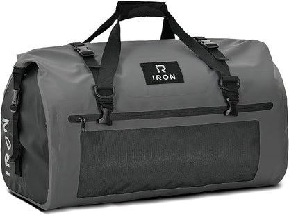 IRON JIA'S Motorcycle Dry Bag - Waterproof Duffle & Luggage Tail Bag Saddle Bags with Roll Top Closure, Shoulder Straps, Inner Pocket and Mesh Pocket (Grey, 70L)