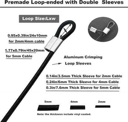 5 Pcs 4mm Wire 36 inch Vinyl Coated Stainless Steel Cable with Loops Short Wire Rope Lanyard Lock Security Chain Link for Outdoor Gates, Black(4mm x 36inch)
