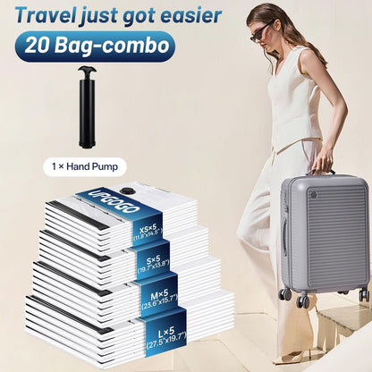 Travel Vacuum Bags for Luggage with Hand Pump,Vacuum Seal Bags for Clothing,Packing Cubes Compression,Cruise Ship and Travel Essentials(Combo 20 Pack)