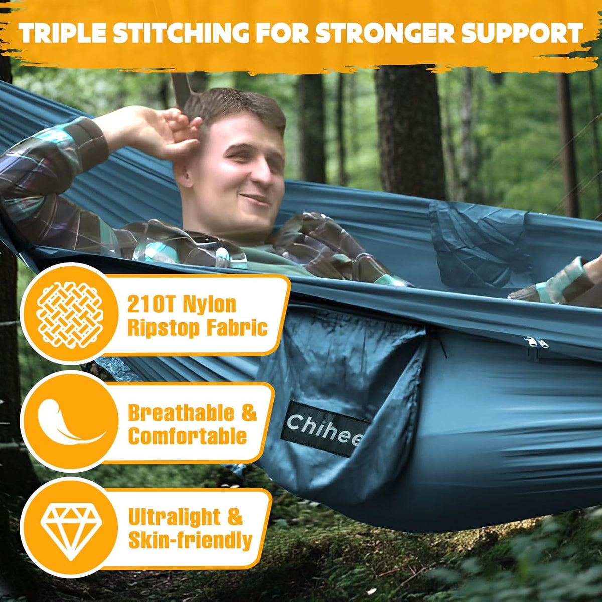 Chihee Ultra-Light Travel Camping Hammock Pop-up Net Hammock 660lbs Load Capacity,Breathable,Quick-Drying Parachute Nylon 2 Premium Carabiners,2 Tree Slings Included for Outdoor Backpacking Hiking