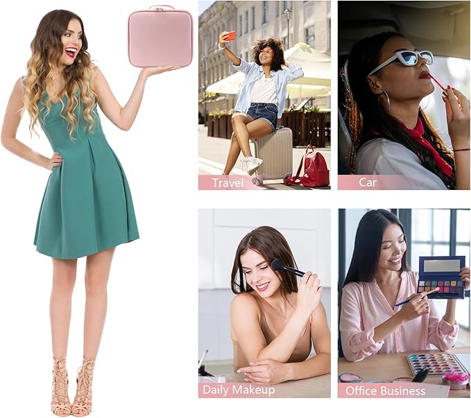 Travel Makeup Bag Makeup Cosmetic Train Case Organizer Portable Storage Bag with Adjustable Dividers for Cosmetics Makeup Brushes Toiletry Jewelry Pink