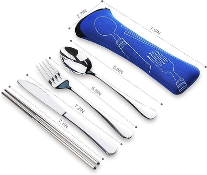 10PCS Portable Silverware Set with Case, Lengnoyp Travel Camping Utensils Set, Premium Stainless Steel Travel Cutlery Set, Reusable Safe Flatware Sets for Lunch Box/Workplace/Students, Silver