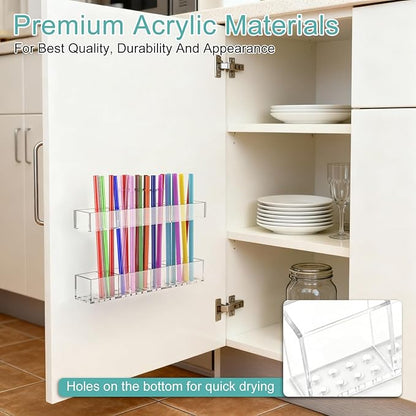 Acrylic Straw Holder, 9.5inch Large Adjustable Straws Organizer Storage, Reusable Tumbler Straw Storage Dispenser Straws with Ultra Sticky Adhesive Strips for Kitchen Cupboard Door(Transparent)