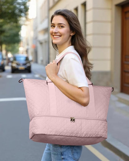 HOTOR Travel Duffel Bag - Weekender Bags for Women, Carry On Overnight Bag with Shoe Compartment, with Toiletry Bag for Travel Essentials and Travel Accessories, Pink, 13.4"×17.3"×7.9"