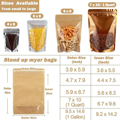 150-pack 4.7” x 7.9” Stand Up Kraft Paper Mylar Bags with Clear Window Resealable Foil Pouches for Food Storage Smell Proof Edible Packaging Bag for Small Business, Bulk