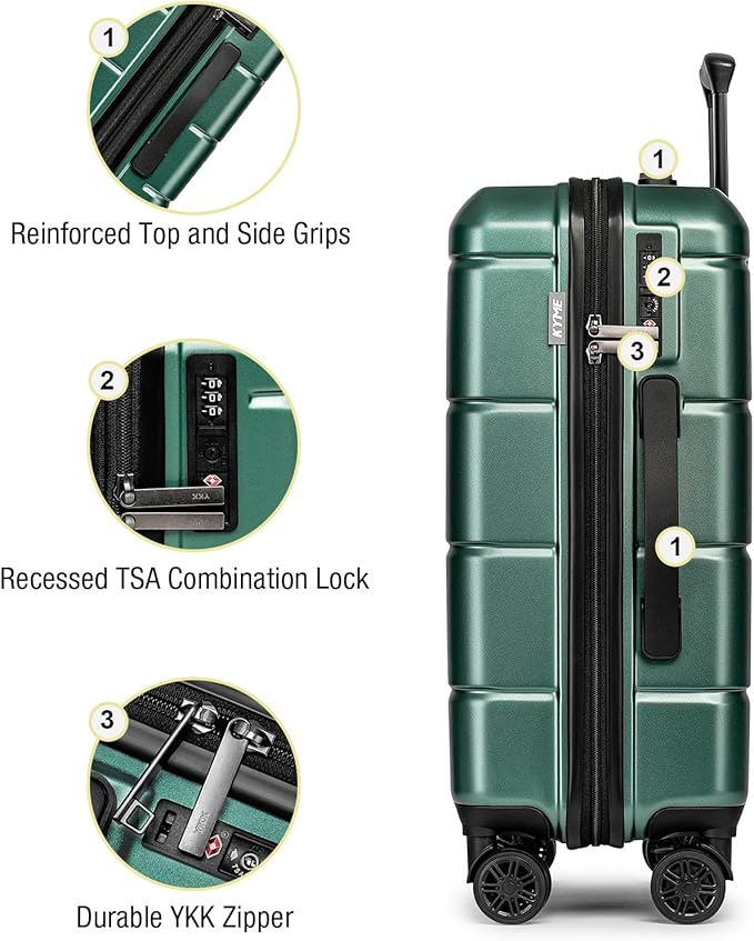KYME 30 Inch Luggage TSA Approved Hardside Suitcases with Spinner Wheels Durable Large Travel Checked Rolling Luggage with Cup Holder for Women Men Green