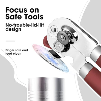 Beneno Heavy Duty Hand Can Opener Manual with Magnet, Durable Sharp Carbon Steel Blade Smooth Cutting, Big Effort-Saving Knob & Soft Grip Handle, Multifunctional Kitchen Tool with Bottle Opener, Red