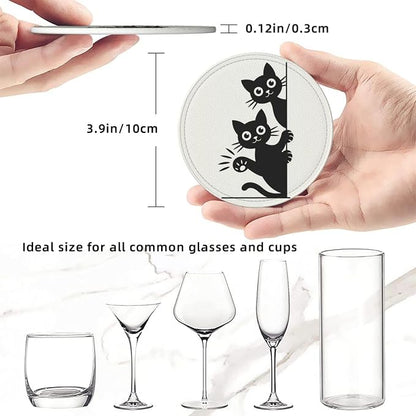 Cute Cats Coasters for Drinks Set of 6, Round Leather Coaster