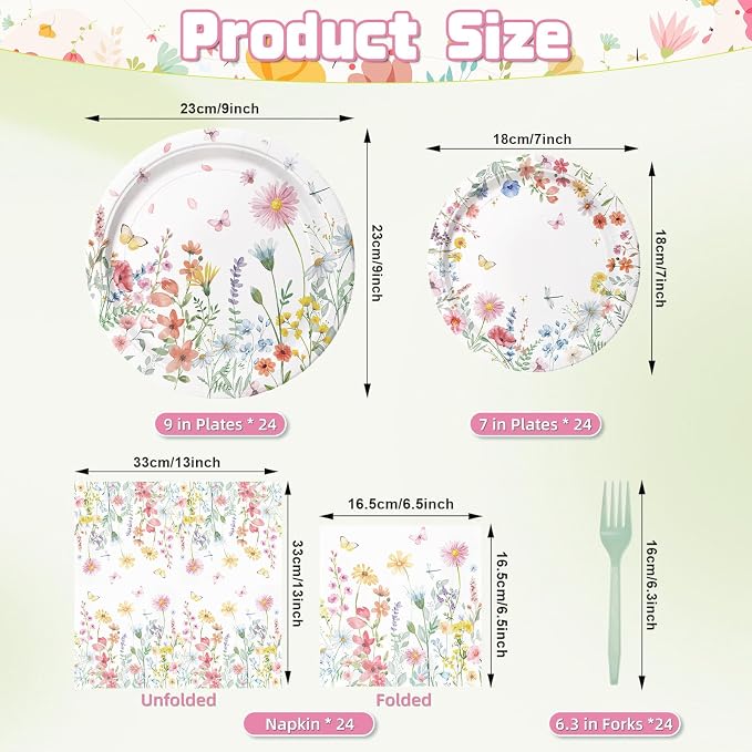 96 Pieces Spring Wildflower Floral Tableware Set – Garden Flower Disposable