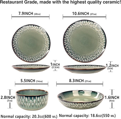 Dinnerware Sets 16 Pieces - Round Reactive Glaze Tableware - Kitchen Dinnerware Porcelain Crockery with Dinner Plate, Bowl and Soup Plate Service for 4, Microwave Dishwasher Safe, Set No.1