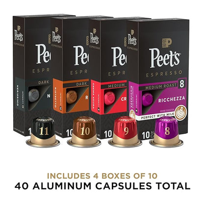 Peet's Coffee, Dark and Medium Roast Espresso Capsules Variety Pack, Compatible with Nespresso Original Machine - Intensity 8-11, 40 Count (4 Boxes of 10 Espresso Capsules)