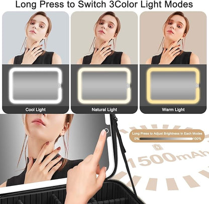 Large Travel Makeup Bag with LED Mirror, 3-Color Stepless Dimming Stand Mirror Detachable, with Adjustable Divider, Makeup Brush Holder Storage (Black)