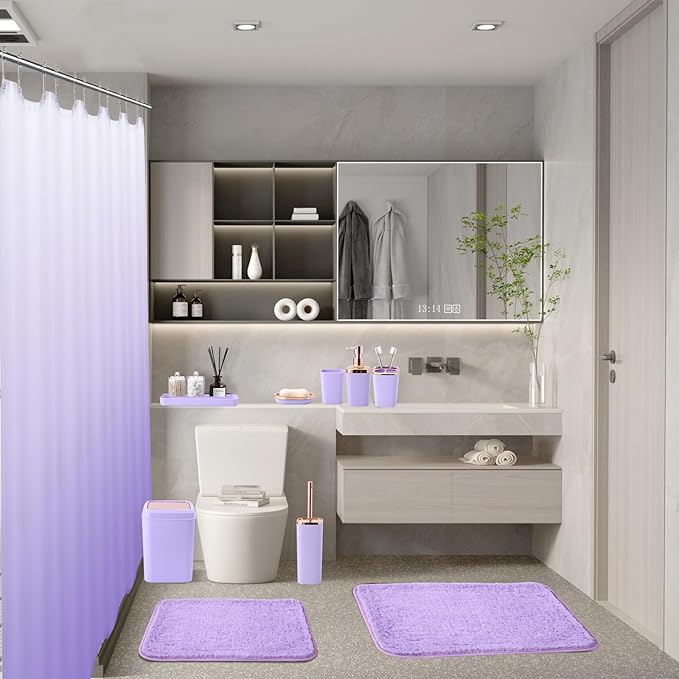 Bathroom Accessory Set–Bathroom Sets with Shower Curtain and Rugs, Non Slip Bathroom Rugs Super Absorbent, Light Purple Ombre Shower Curtain with Hooks, Lavender Bathroom Sets Complete for Home