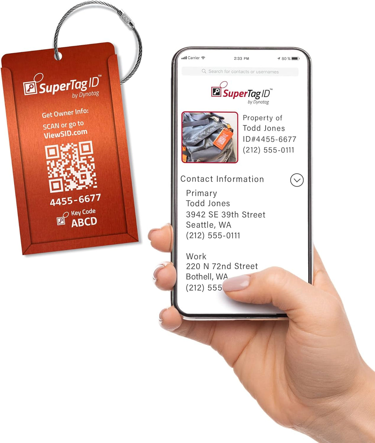 Dynotag® Web Enabled Smart Aluminum Convertible Luggage ID Tag + Braided Steel Loop, with DynoIQ™ & Lifetime Recovery Service (Electric Orange)