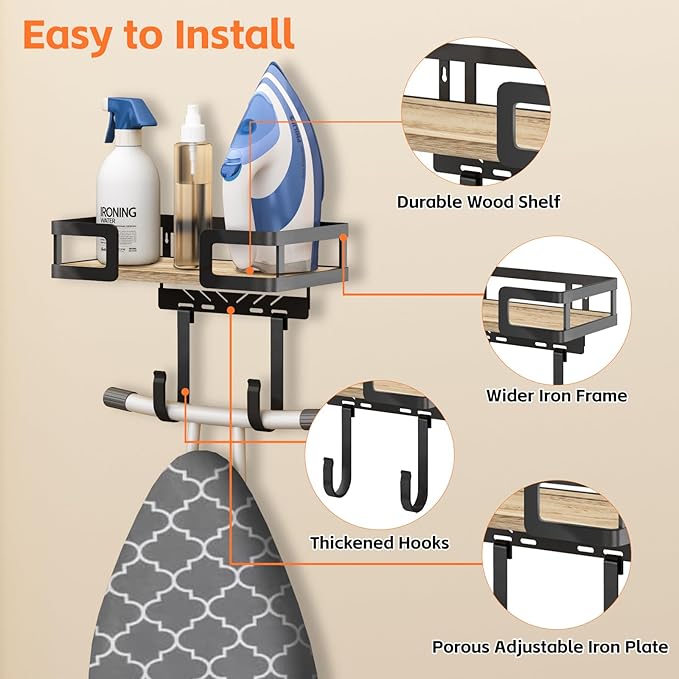 Ironing Board Holder Wall Mount, Iron Board Wall Hanger, Sewing, Laundry Room Organization, Black, T&V Shaped Space Saving Iron Holder for Laundry Room Decor and Accessories, Organization and Storage