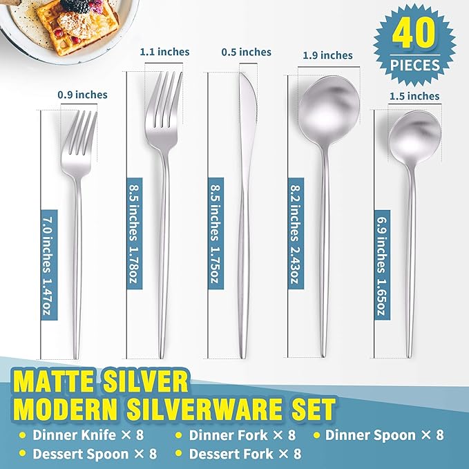 Lemeya Matte Silverware Set for 8,Modern Stainless Steel Brushed Cutlery Set,40-Pieces Heavy Duty Flatware Set,Knives Spoons and Forks Set Utensils Set, Satin Finish, Dishwasher Safe