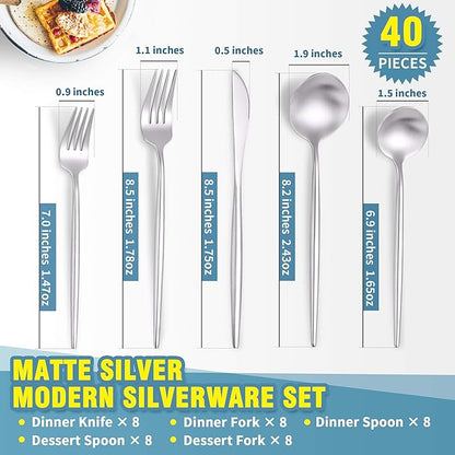 Lemeya Matte Silverware Set for 8,Modern Stainless Steel Brushed Cutlery Set,40-Pieces Heavy Duty Flatware Set,Knives Spoons and Forks Set Utensils Set, Satin Finish, Dishwasher Safe