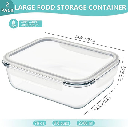 2 Pack 78 Oz / 9.8 Cups Large Glass Food Storage Containers with Lids, Meal Prep Containers for Baking, Serving, Glass Storage Container, BPA Free, Leakproof, Freezer, Microwave/Oven Safe