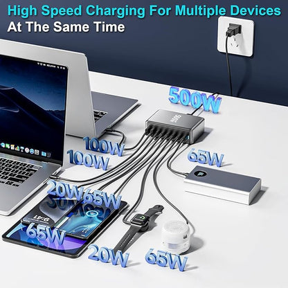 500W USB C Charger Block, 8-Port Fast USB Charging Station Dual PD 100W GaN Ⅲ Pro Charging Station For Multiple Devices, Laptop Charger Adapter Compatible with MacBook, DELL, iPad, iPhone, Samsung etc