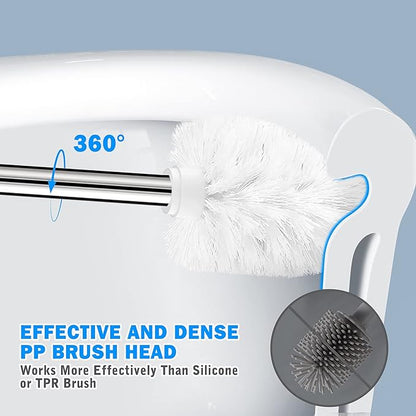 Toilet Brush and Holder, 2 Pack Toilet Brush with 304 Stainless Steel Long Handle, Toilet Bowl Brush for Bathroom Toilet-Ergonomic, Elegant,Durable (White)