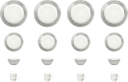 16 Piece Dinnerware Set, Ceramic Plates and Bowls Sets for 4, Microwave and Dishwasher Safe, Handcrafted Tree Bark Series Dish Set, White Birch